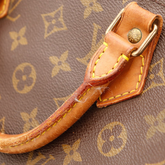 Vue anse cuir vachette Louis Vuitton Speedy 35 patine caramel — AMANA Vintage
