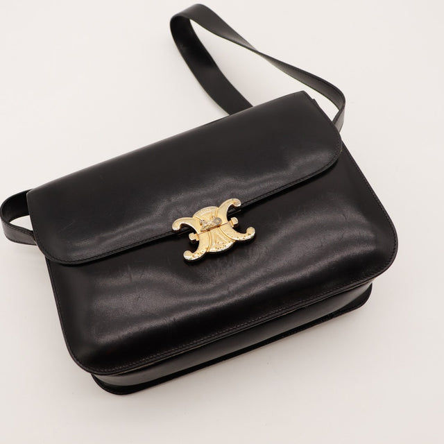 Sac Céline Triomphe cuir noir avec bandoulière occasion authentique — AMANA Vintage