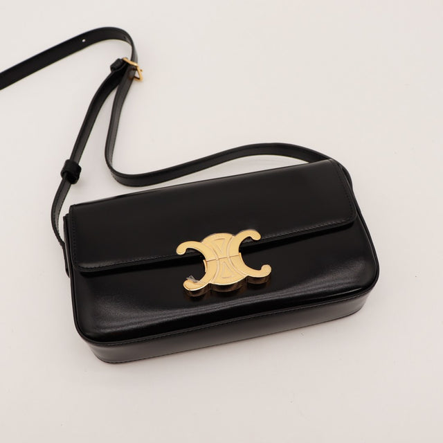 Sac Céline Triomphe cuir noir avec bandoulière réglable occasion authentique — AMANA Vintage