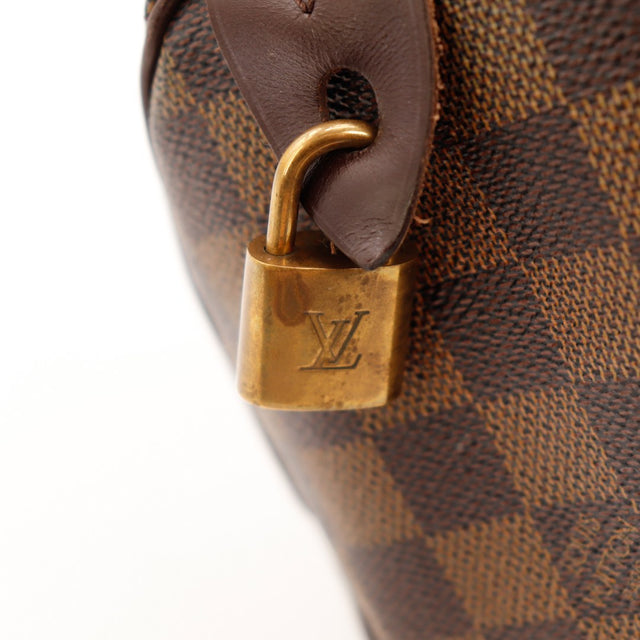 Détail languette cuir et zip Louis Vuitton Speedy 25 Damier Ébène — AMANA Vintage