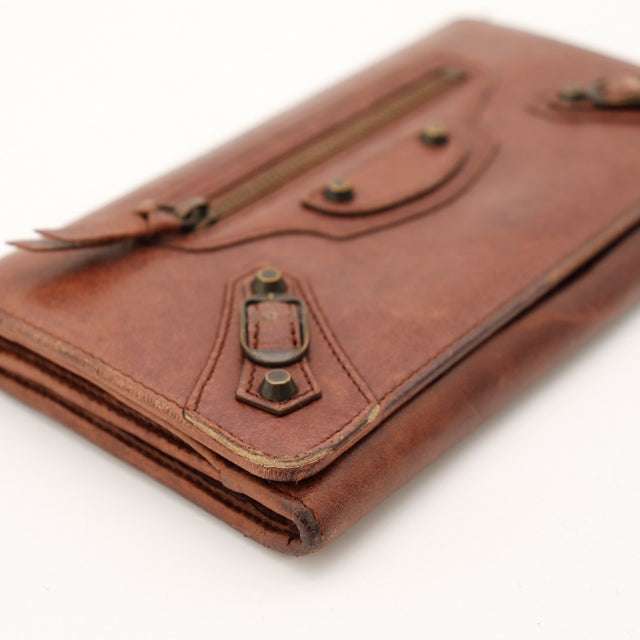 Vue coin inferieur portefeuille Balenciaga Money cuir marron frottements — AMANA Vintage