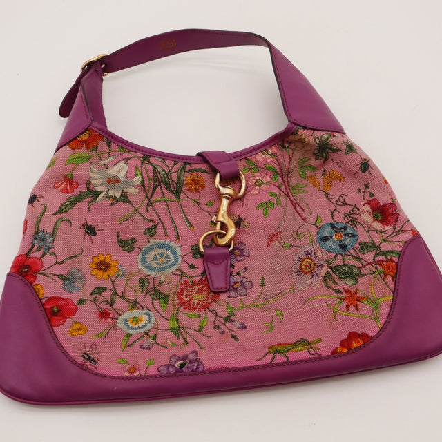Toile Flora imprimée Gucci Jackie rose occasion authentique — AMANA Vintage