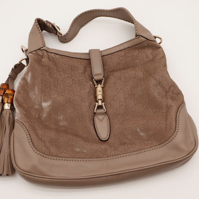 Vue de dos Gucci New Jackie velours monogrammé taupe occasion authentique — AMANA Vintage