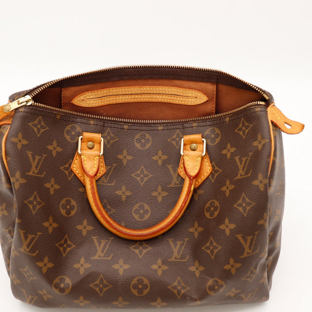 Intérieur ouvert Louis Vuitton Speedy 30 doublure textile marron propre — AMANA Vintage