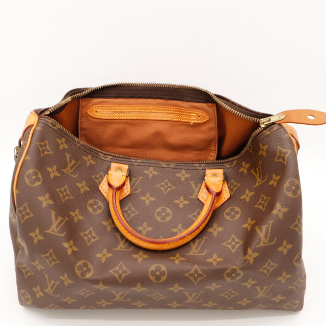Intérieur ouvert Louis Vuitton Speedy 35 doublure textile marron — AMANA Vintage