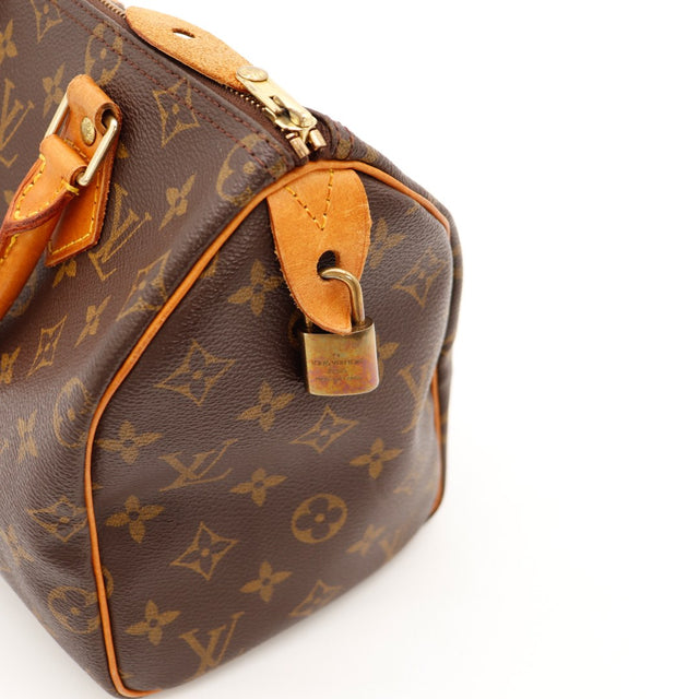 Vue trois quarts droit Louis Vuitton Speedy 25 anses vachette caramel — AMANA Vintage