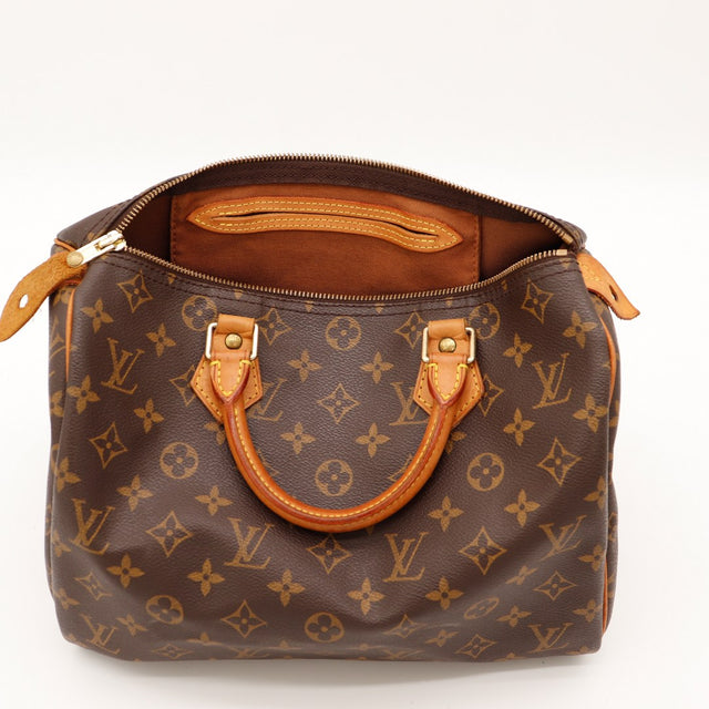 Intérieur ouvert Louis Vuitton Speedy 30 doublure textile marron propre poche intérieure — AMANA Vintage