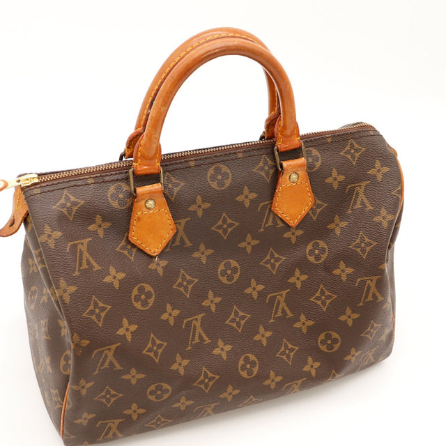 Louis Vuitton Speedy 30 vue trois quarts anses vachette patine caramel — AMANA Vintage