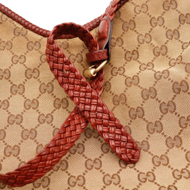 Détail bandoulière tressée bordeaux Gucci Hobo réglable occasion authentique — AMANA Vintage
