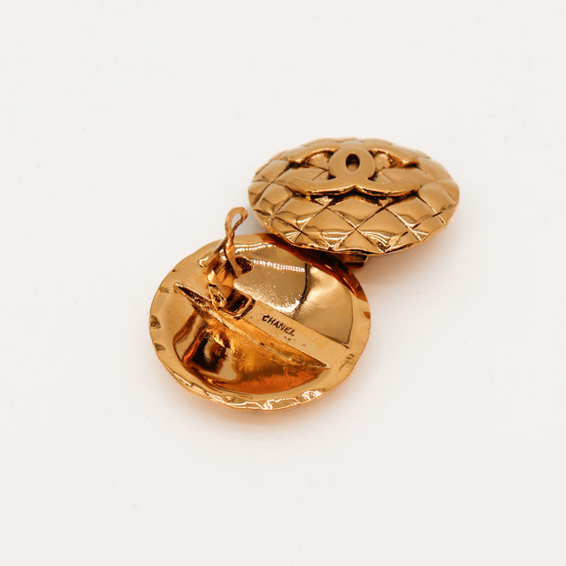 Chanel Vintage Quilted Coco Mark Gold Earrings